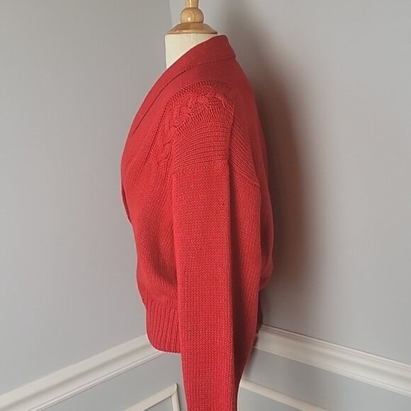 CRAZY HORSE Red Grandpa Collared Deep V-Neck Knit Button Cardigan Sweater L VTG - Picture 2 of 13